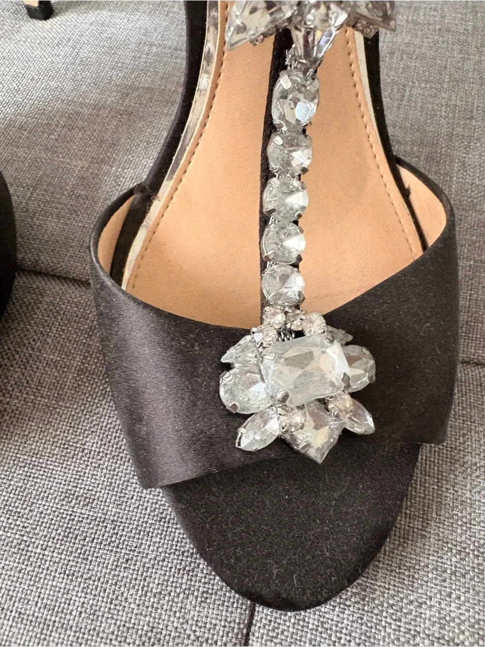 Black T-Strap Crystal Embellished Women's Heels